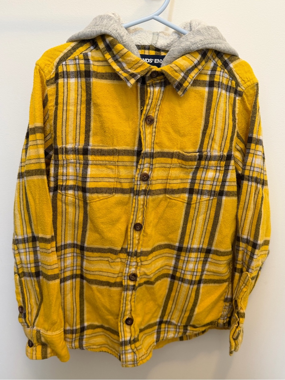 Lands' End Yellow Plaid Button-Down Shirt with Gray Hood